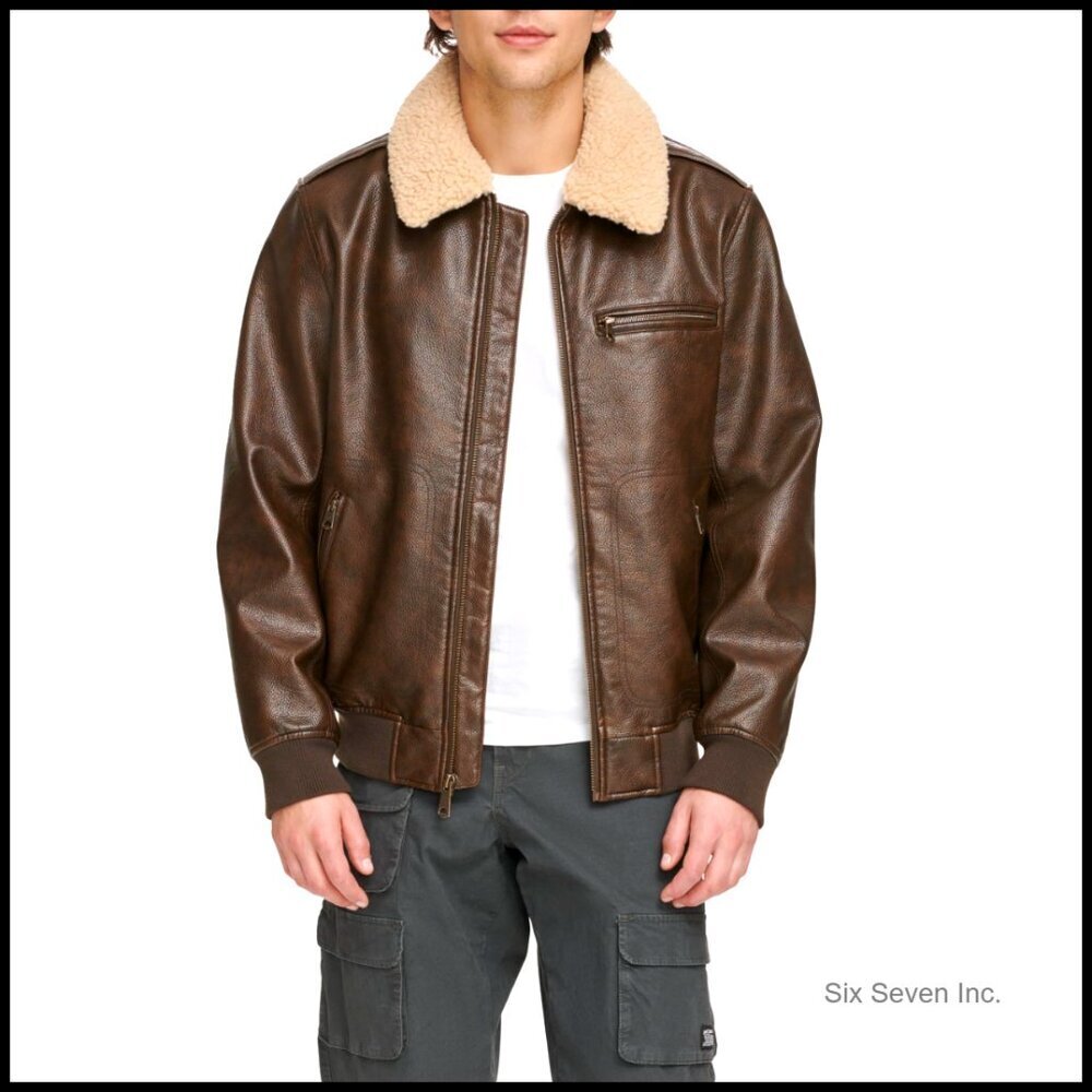 Faux Leather Aviator Bomber Jacket With Sherpa Collar Classic Retro Chic